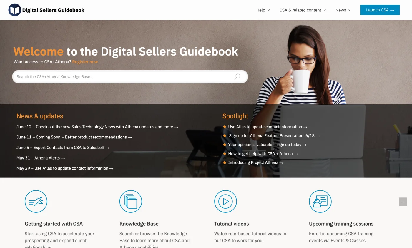 Digital Sellers Guidebook homepage with search, news, spotlight content, and seller resources