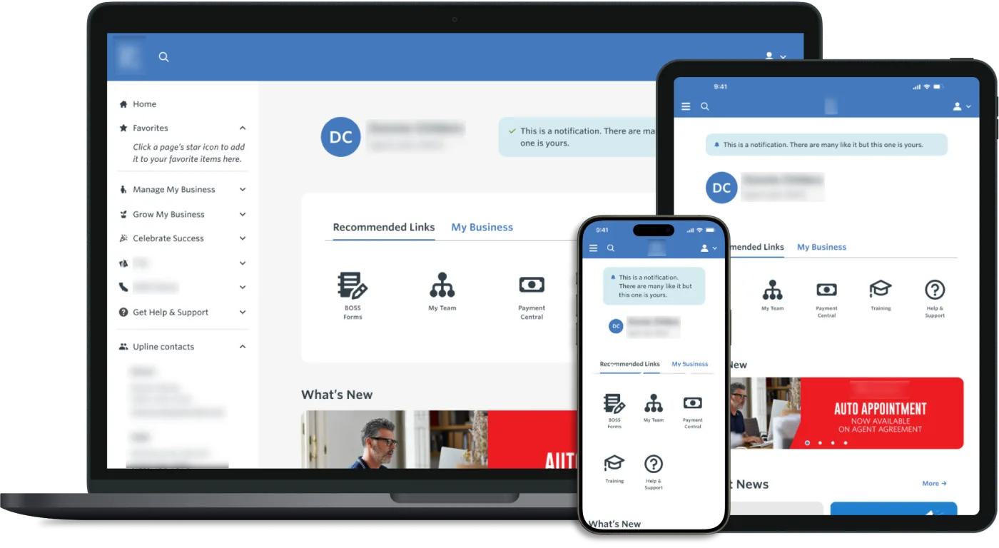 WFG Agent Portal responsive design mockup showing desktop, tablet, and phone layouts