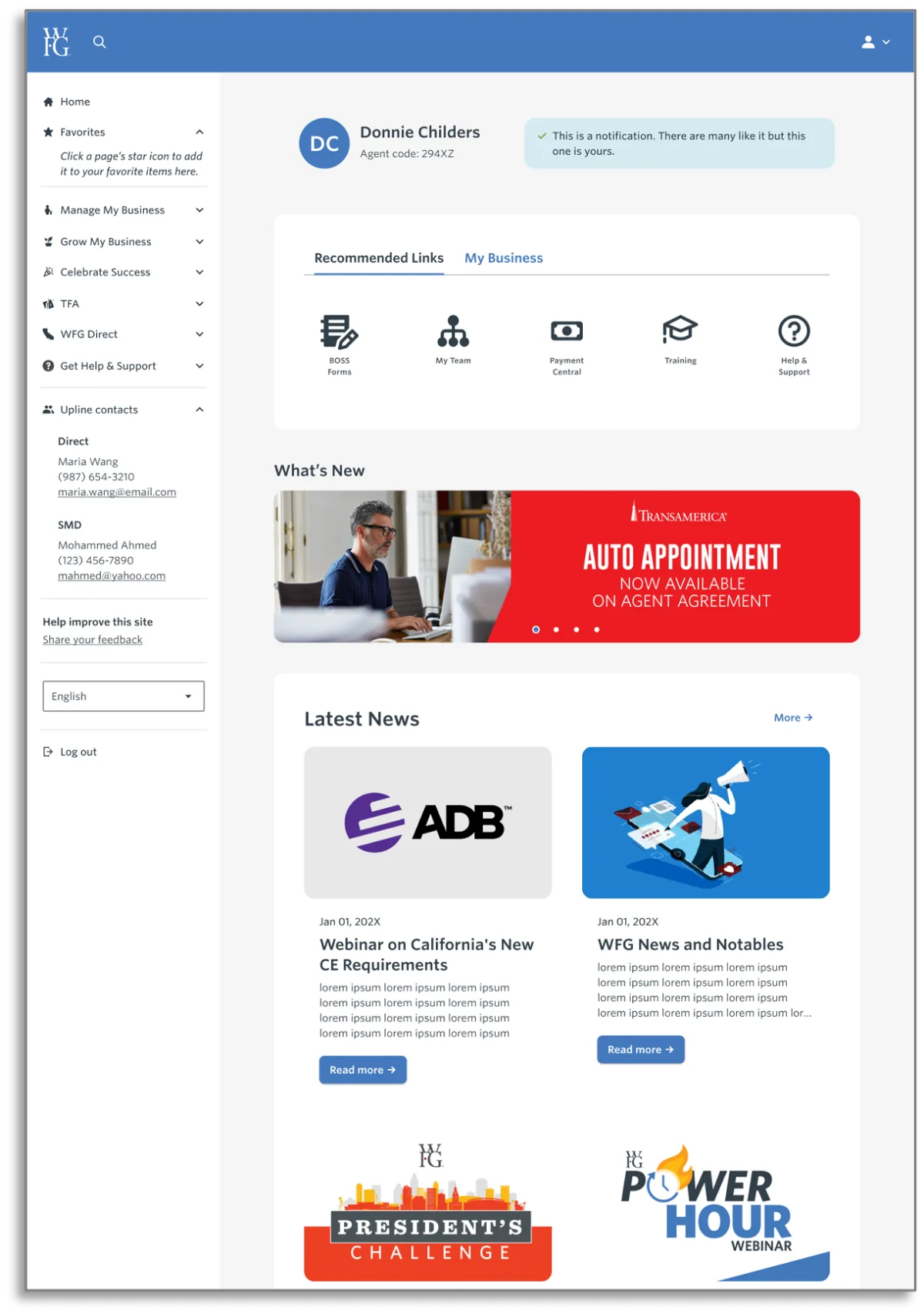 Polished WFG Agent Portal wireframe with left navigation, recommended links, notifications, and news
