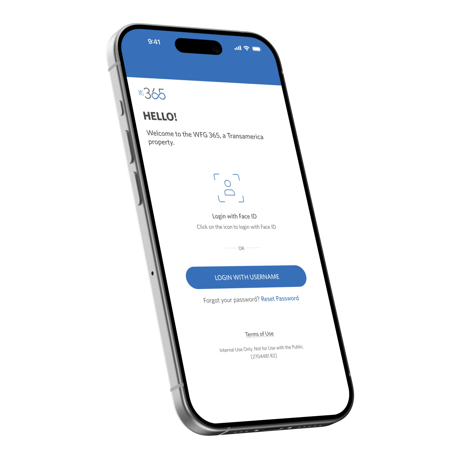 WFG 365 login design with Face ID and username options